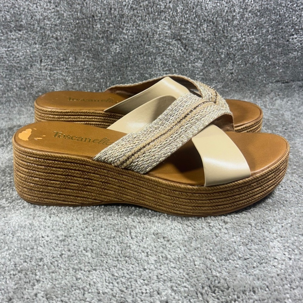 Toscanella Platform Slide Sandals Beige Woven Metallic Leather Womens 41